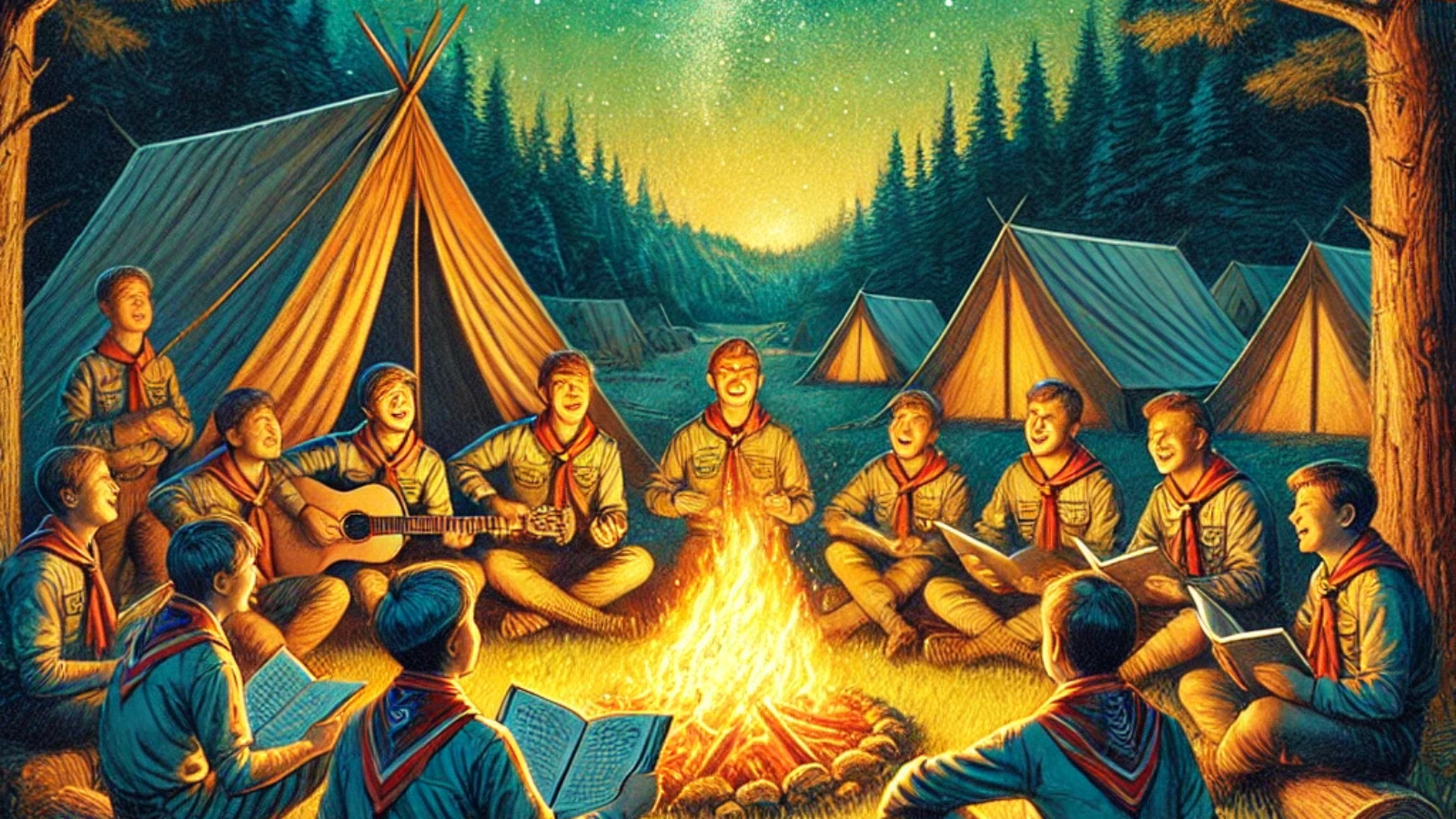gruppo scout che con canzonieri in mano si diverte intorno al fuoco durante un campo scout