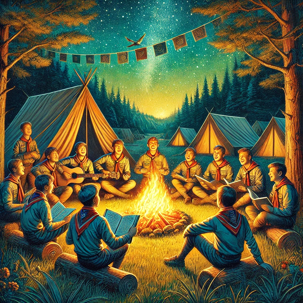 gruppo scout che con canzonieri in mano si diverte intorno al fuoco durante un campo scout