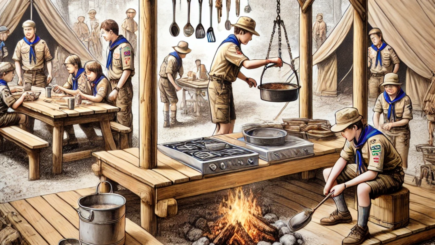 scout in costruzione di una cucina per le esigenze del campo estivo
