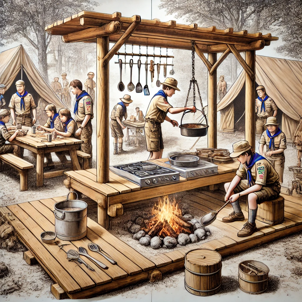 scout in costruzione di una cucina per le esigenze del campo estivo
